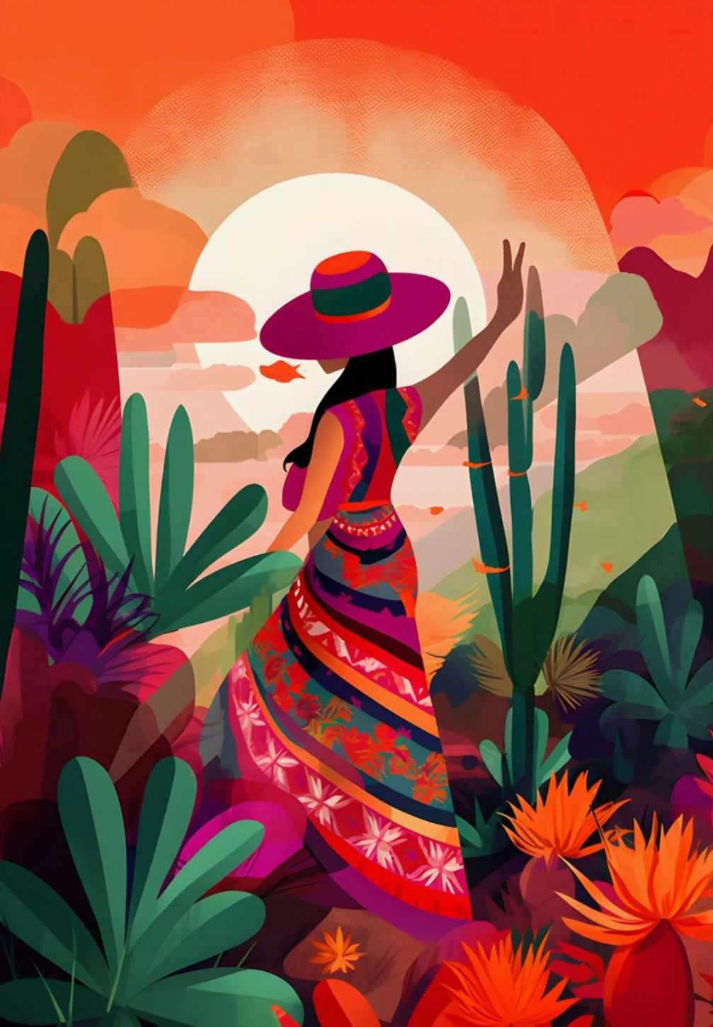 Latina Woman Floral Canvas Wall Art | Ethnic Maximalist Print