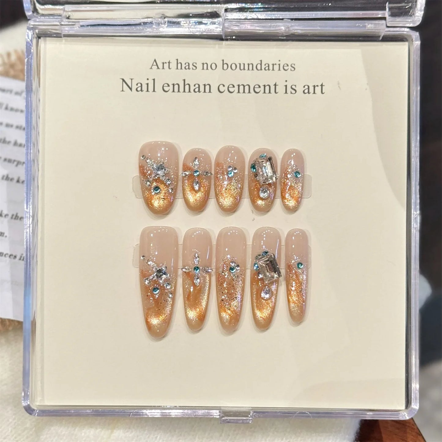 Glass Bead Cat Eye Press On Nails – 10pc Luxury False Nail Set