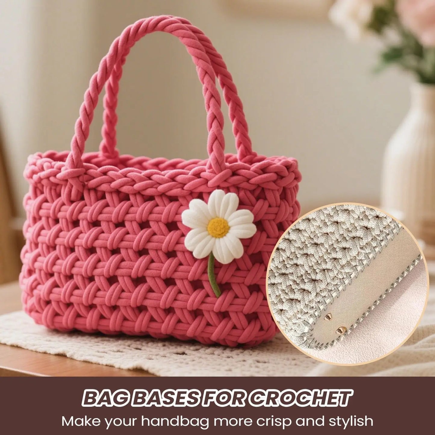 Crochet Bag Base Crocheting Bag Making Kit Purse Bottom with D Shape Handles for Women Men Hobbyists Enthusiasts Family Friends Peaceful Pleasures Health and Wellness