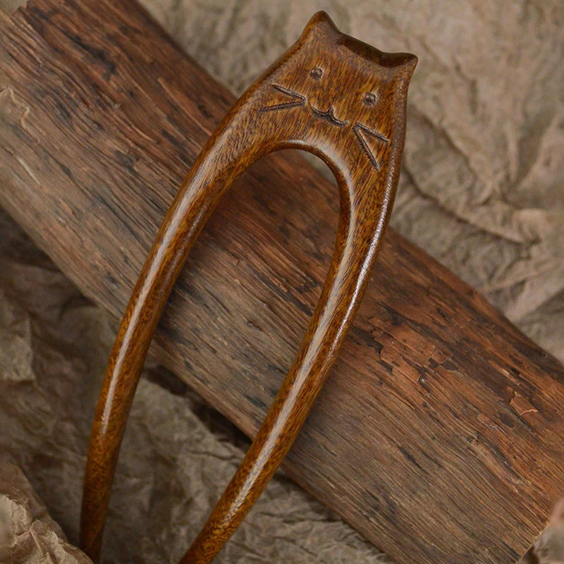 Chinese Cat Pattern Hair Sticks Wooden U Shaped Hair Forks for Women Girls Hanfu Hairpin Headwear Headpieces Hair Accessories Peaceful Pleasures Health and Wellness