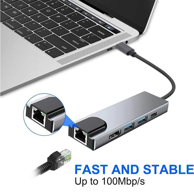 Type-C To 5Ports Docking Station HDMI 4K/RJ45 100M Splitter USB 3.0 5Gbps High Speed USB C 5 in 1 HUB Adapter For Laptop Macbook Peaceful Pleasures Health and Wellness