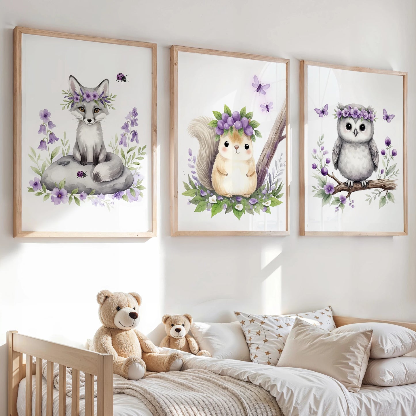 3-Piece Fox Squirrel Owl Purple Canvas Wall Art for Kids Room