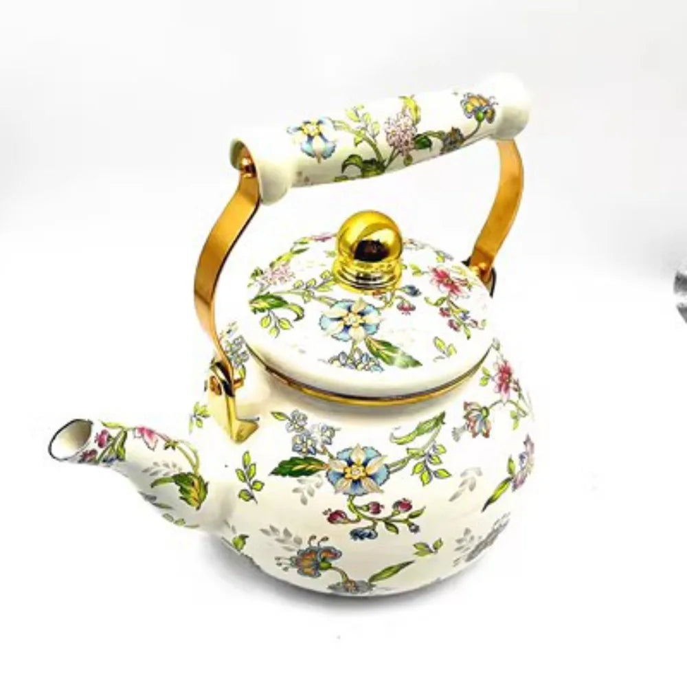 Chinese Style Enamel Teapot Floral Enameled 2.5L Gas Water Kettle Antiscald Handle Pear-shaped Coffee Pot Gas Induction Cooker Peaceful Pleasures Health and Wellness B