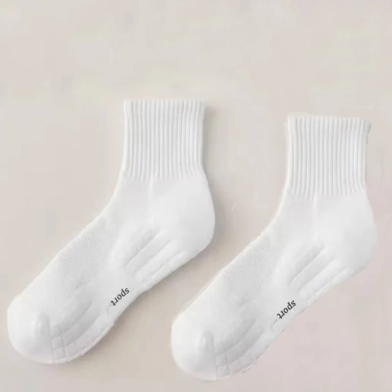 Men's Thick Bottom Sweat Absorbing and Breathable Sports Socks with Bottom Cushion for Running Professional Sports Men's Socks Peaceful Pleasures Health and Wellness Middle Socks White