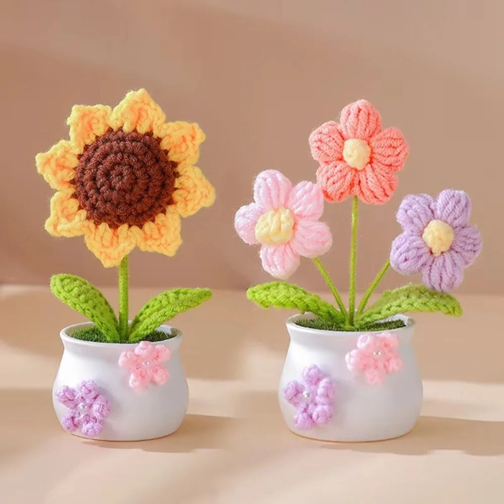 Mini Handmade Crochet Flowers Sunflower Tuilp Flowers Birthday Gift Knitted Flower Pot Decor Desktop Woven Graduation Gift Peaceful Pleasures Health and Wellness