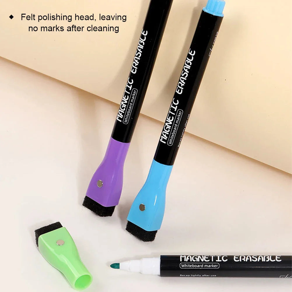 Erasable Magnetic Whiteboard Markers with Built-In Eraser | 12 Colors
