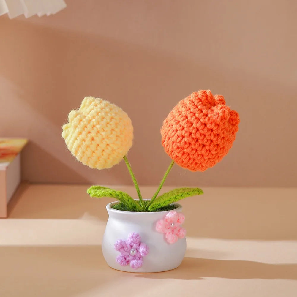 Mini Handmade Crochet Flowers Sunflower Tuilp Flowers Birthday Gift Knitted Flower Pot Decor Desktop Woven Graduation Gift Peaceful Pleasures Health and Wellness Tulip-Yellow Orange