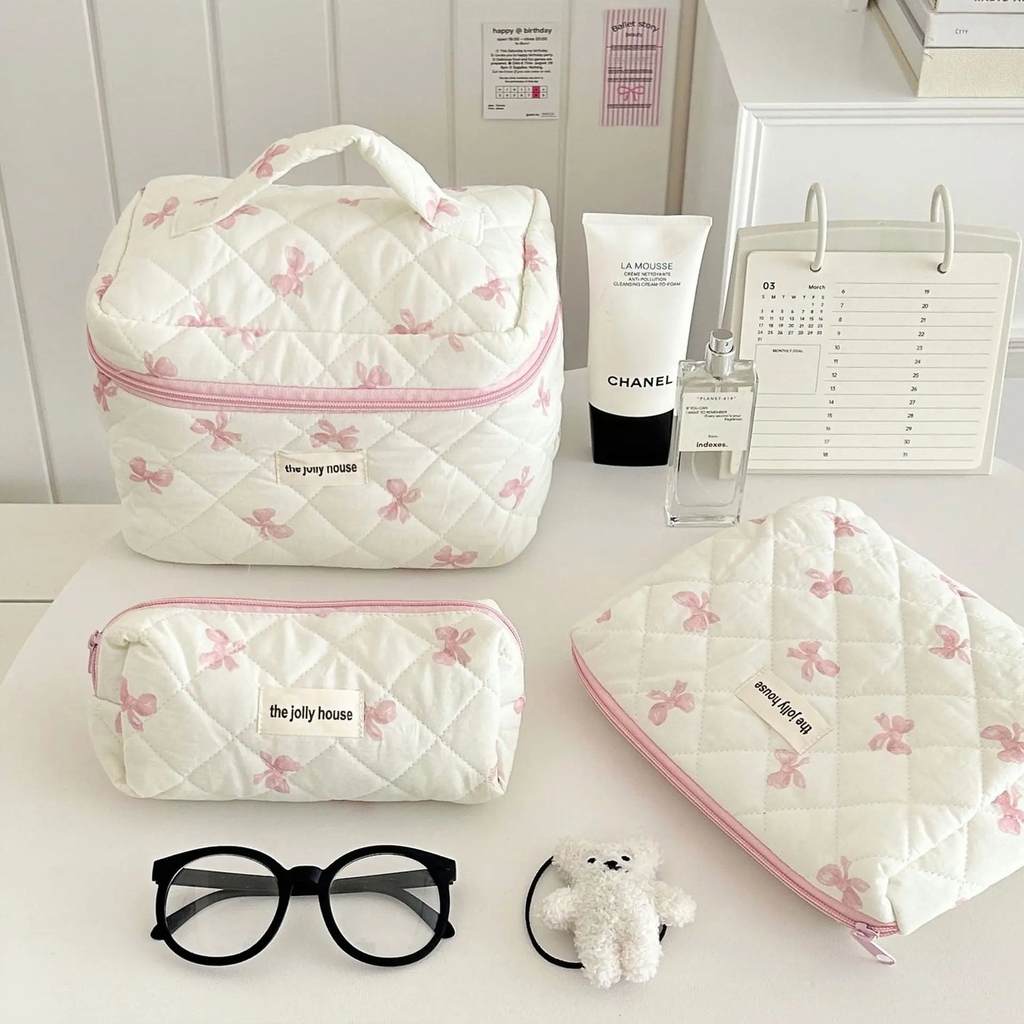 Bow Flower Quilted Makeup Bag – Zipper Cosmetic Organizer