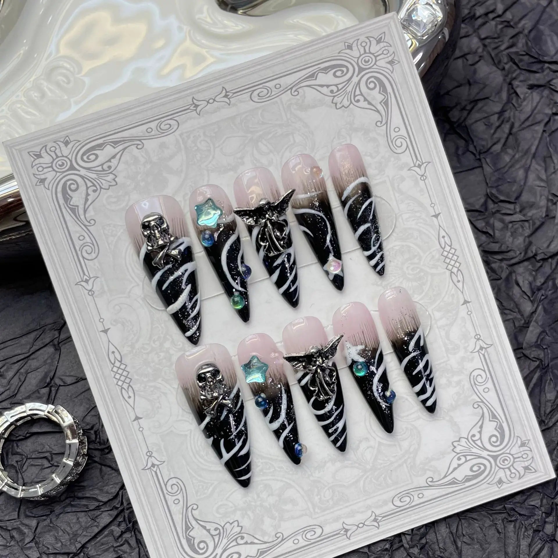 Handmade Press on Nails Punk Cool European False Nails Heavy Metal Angel Skull Decor Long Pointed Black Fake Nail Patches Peaceful Pleasures Health and Wellness