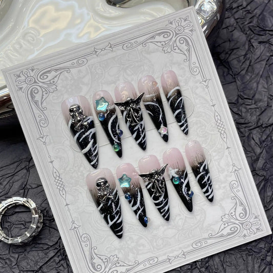 Handmade Press on Nails Punk Cool European False Nails Heavy Metal Angel Skull Decor Long Pointed Black Fake Nail Patches Peaceful Pleasures Health and Wellness