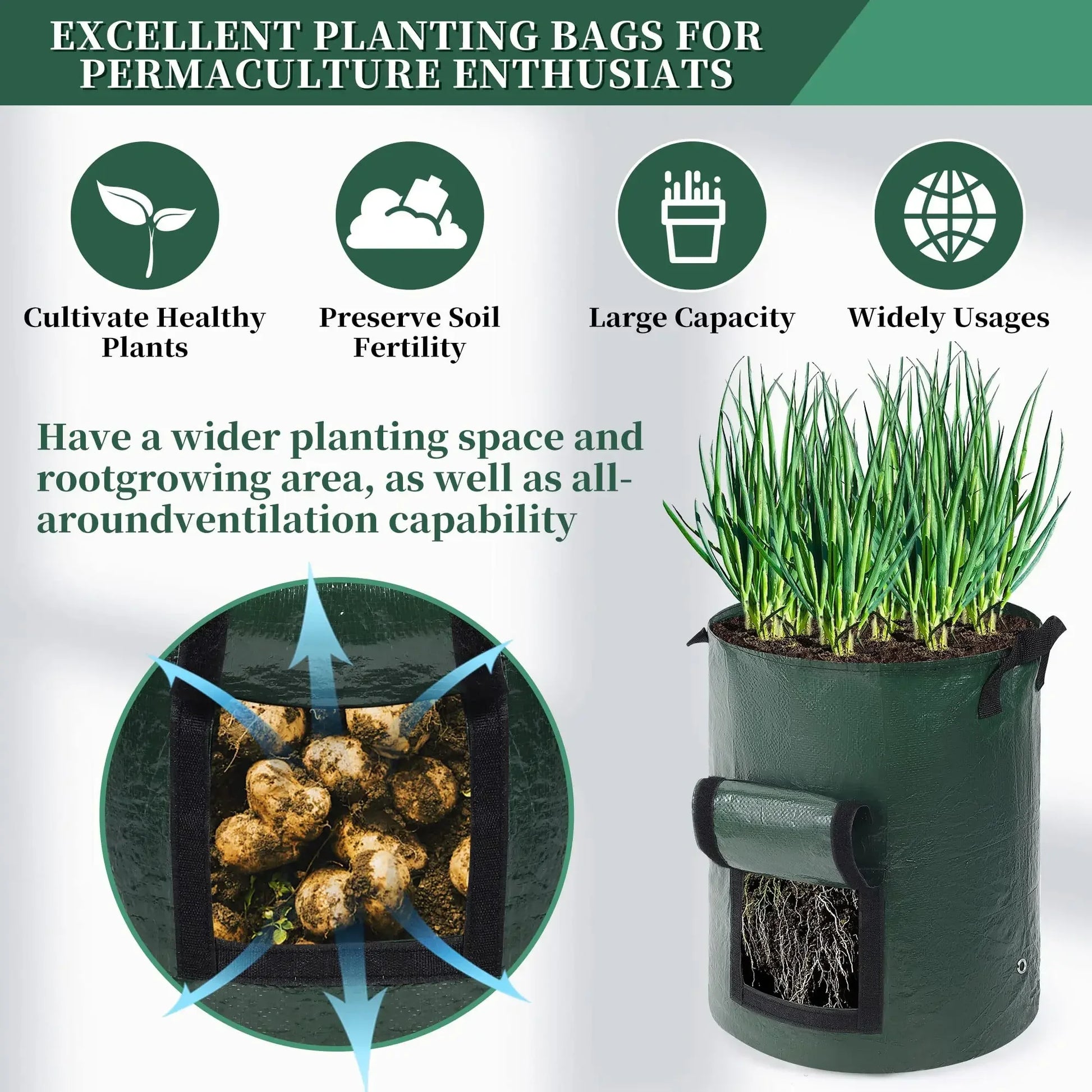 1PC Garden Potato Grow Bag PE Fabrics Gardening Thicken Pot Vegetables Planter Tub with Handles and Access Flap Peaceful Pleasures Health and Wellness