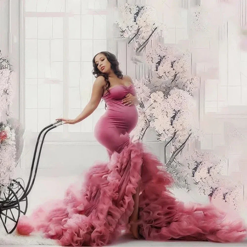 Luxury Mermaid Maternity Dress photoshoot Tulle Ruffles Front Split baby shower dresses for pregnant woman فساتين حوامل Peaceful Pleasures Health and Wellness