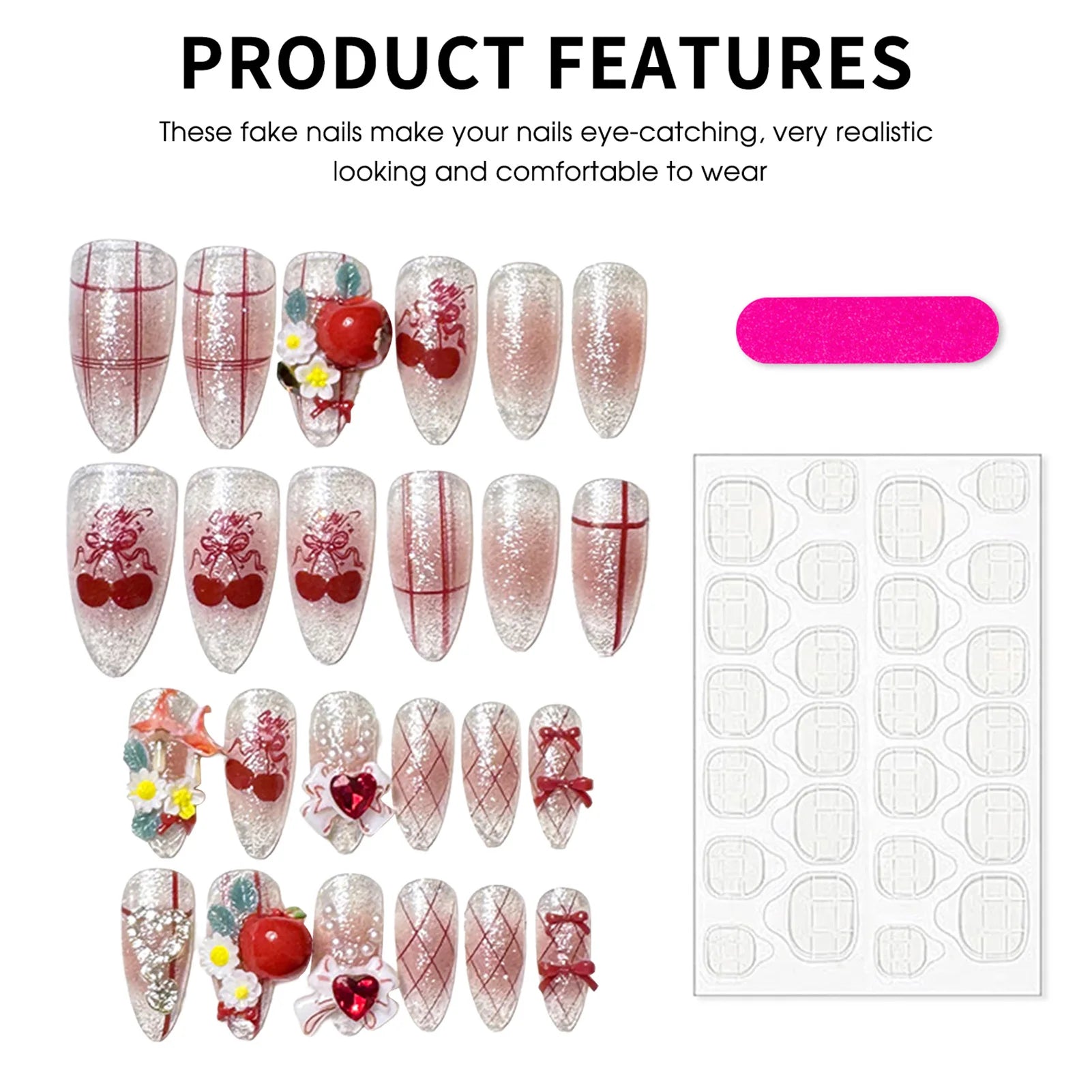 24pcs Flash Fake Nails Japanese Style Press On Nails Apples Heart Bow Decor Wearable Light Luxury Almond Fake Nails Party Daily Peaceful Pleasures Health and Wellness