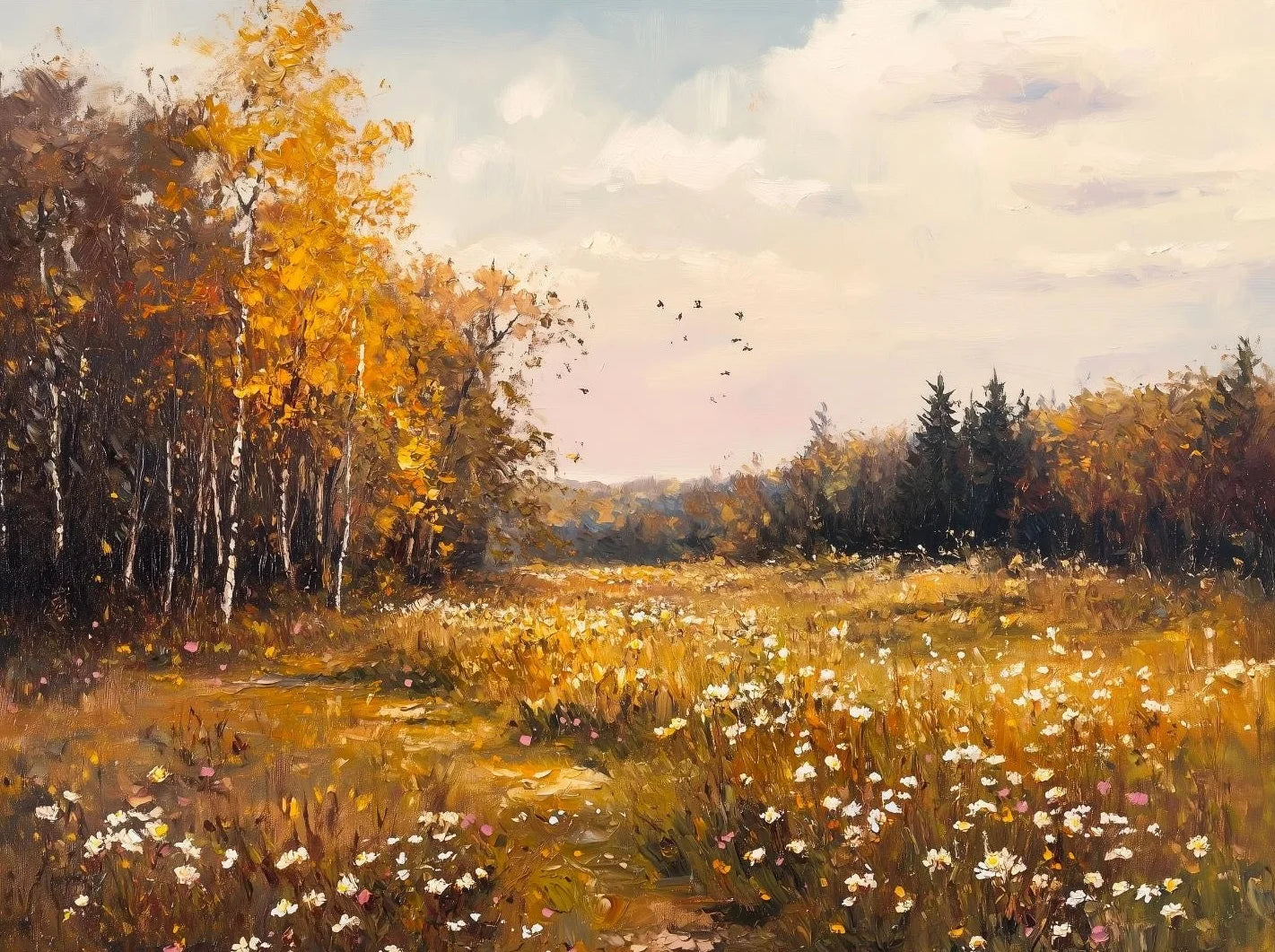 Wildflower Field Landscape Oil Poster Vintage Rustic Moody Autumn Country Scenery Canvas Painting Wall Art for Room Home Deco Peaceful Pleasures Health and Wellness 2 40x60cm Unframed
