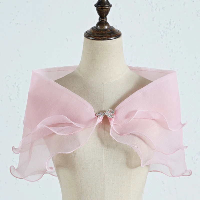 Women Vintage Layered Gauze Shawl Wrap Shrug Rhinestone Buckle Front Wedding Dress Cover Up Sexy Off Shoulder Ruffles Bolero New Peaceful Pleasures Health and Wellness Pink One Size