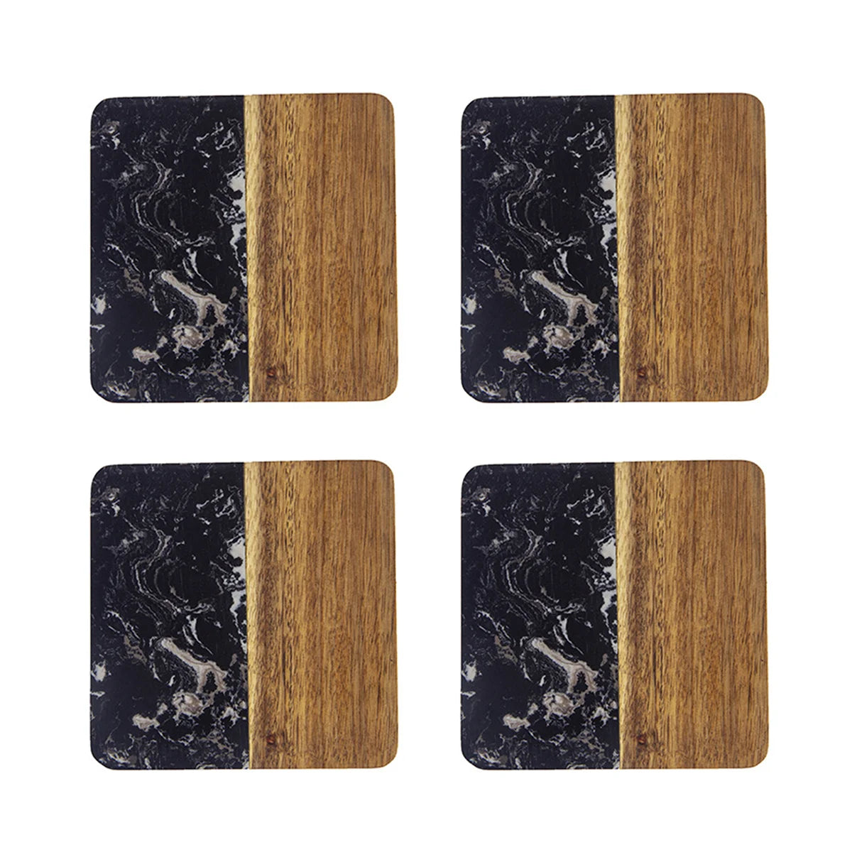 Stylish Wooden and Marble Coaster Set, Elegant Design for Coffee Tables, Durable, Perfect for Protecting Your Furniture Peaceful Pleasures Health and Wellness Black Square 4 pcs