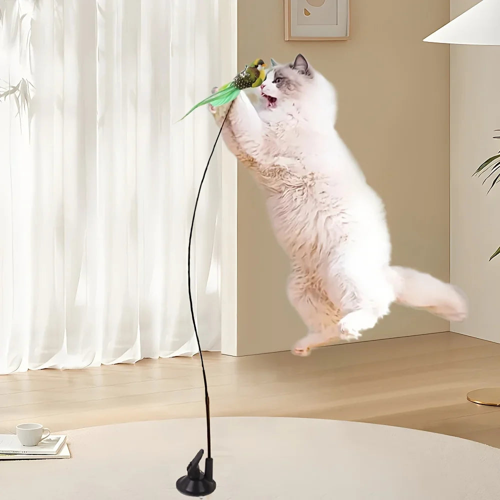 Cat Feather Wand Toy – Steel Wire Long Pole Kitten Teaser