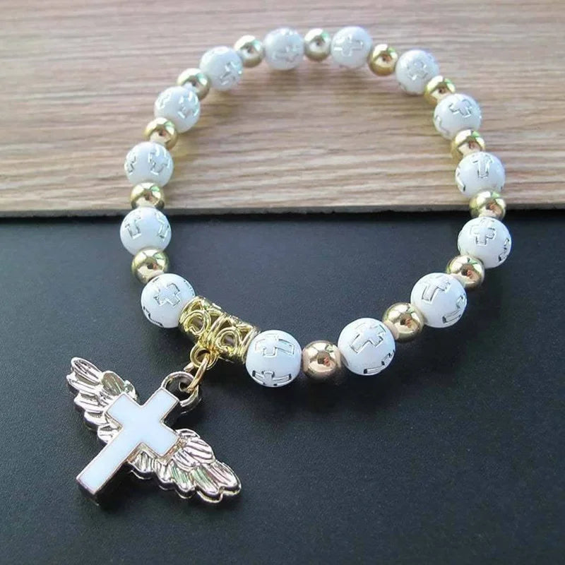 Angel Wing Cross Bracelet | Baptism & Communion Gift for Kids Religious Gift Bracelet Peaceful Pleasures Health and Wellness Cross Bracelet