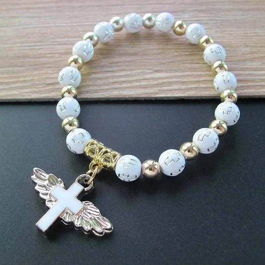 Angel Wing Cross Bracelet | Baptism & Communion Gift for Kids Religious Gift Bracelet Peaceful Pleasures Health and Wellness Cross Bracelet