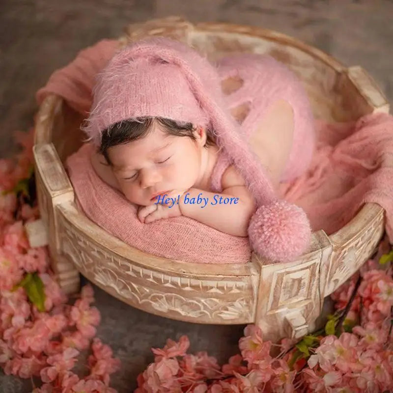 Newborn Photo Props Knit Turban Hat & Suspender Romper Set