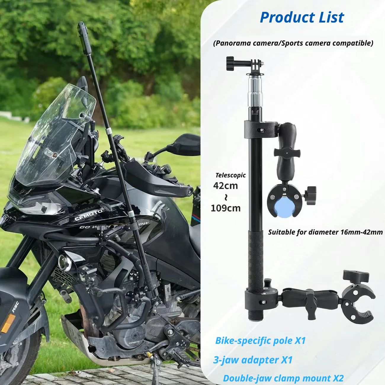 43" Motorcycle Selfie Stick for Insta360 X5/X4 & DJI Osmo