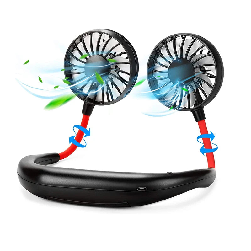New Wearable Foldable Neck Air Cooling Fan Portable USB Rechargeable Dual Fan Lazy People Outdoor Camping fan Peaceful Pleasures Health and Wellness black