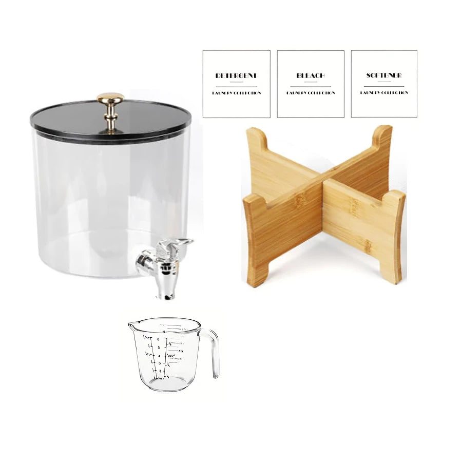 Laundry Detergent Dispenser with Shelf Stand & Spout Lid – Round PS Plastic Container for Laundry Room Organization
