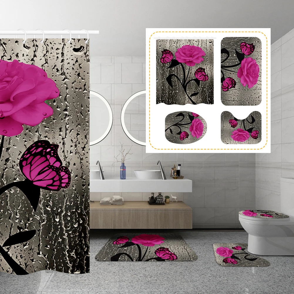 4pcs Set Doormat Shower Curtain with Non-Slip Rugs Toilet Seat Cover Bath Carpet Durable Waterproof Bathroom Home Entrance Decor Peaceful Pleasures Health and Wellness G