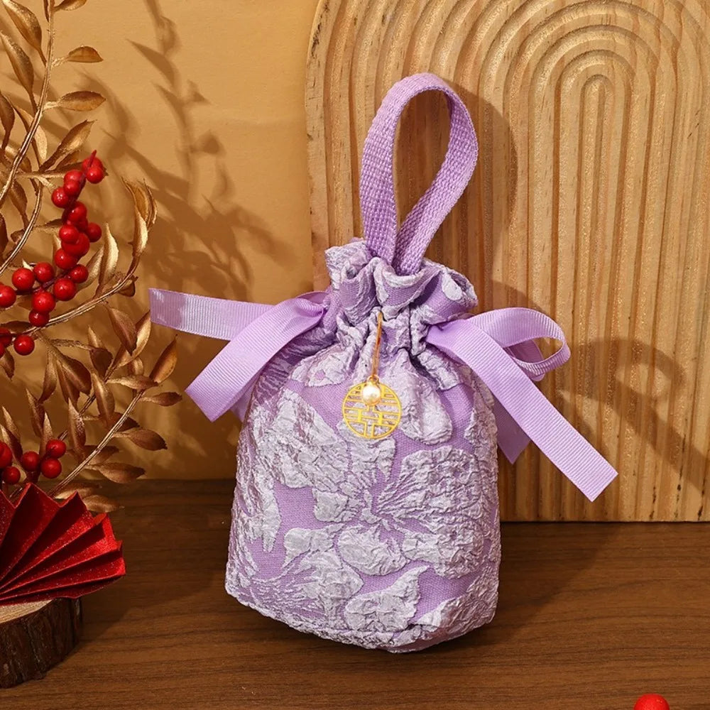 Chinese Style Embossed Flower Drawstring Candy Gift Bag