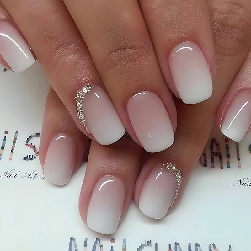 24/30Pcs Medium Fake Nail Set With Jelly Glue Gradient French Press On False Nail Elegantstyle Nails Full Cover Wearing False Peaceful Pleasures Health and Wellness