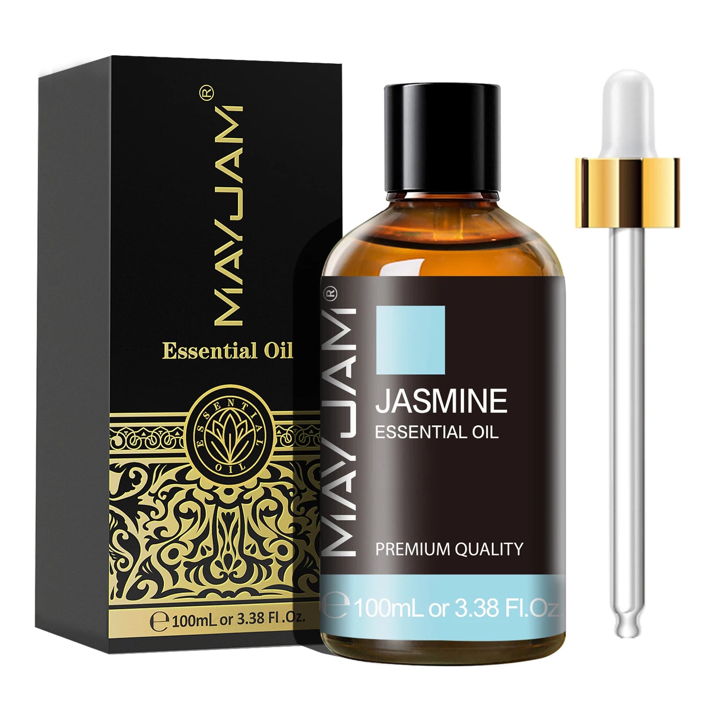 MayJam Jasmine essential oil bottle with dropper and packaging on a white background