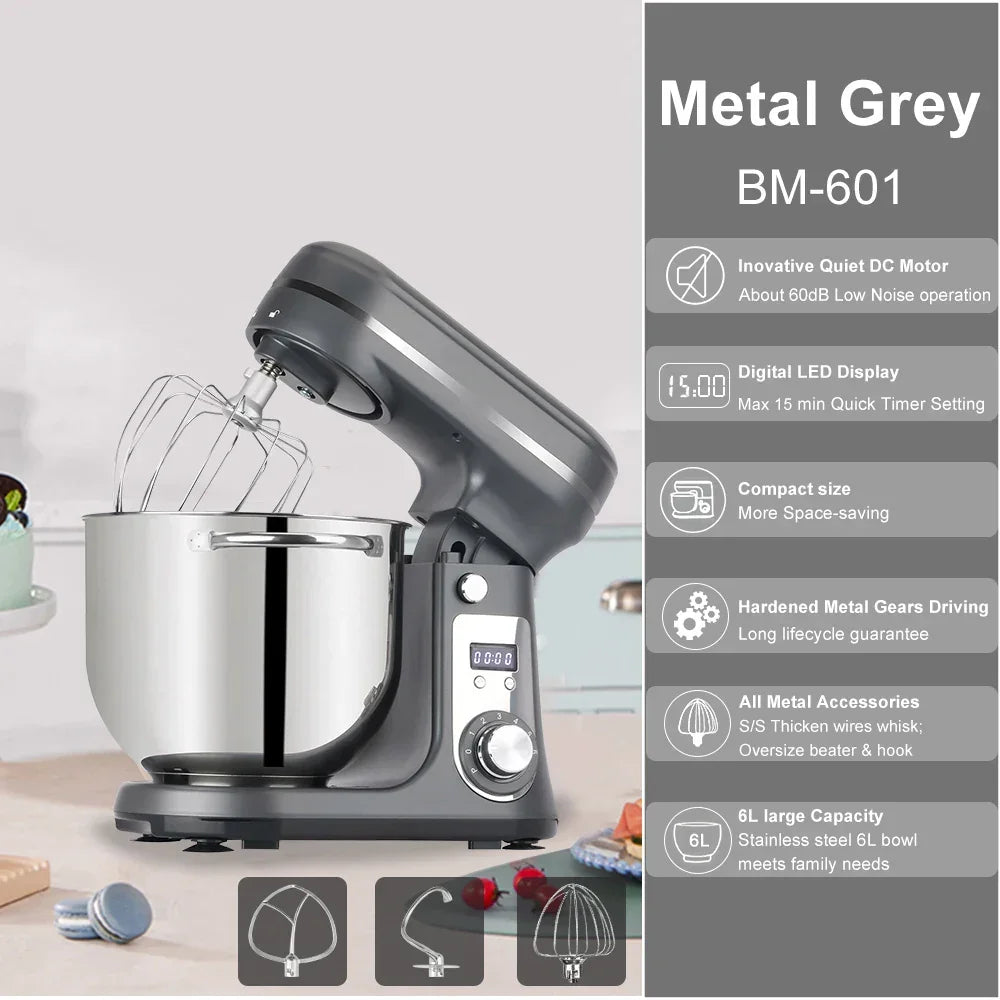 Gray stand mixer with features listed on a gray background