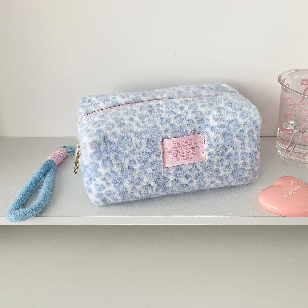 Plush Leopard Print Makeup Bag Student Portable Stationery Pencil