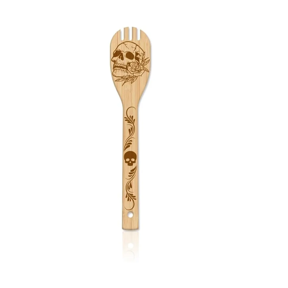 Skeleton Bamboo Cooking Utensils | Gothic Engraved 6-Piece Set Kitchen Utensil Set Peaceful Pleasures Health and Wellness FSpatula 1PCS 30X6cm