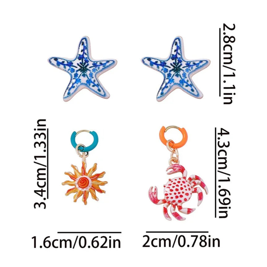4-Piece Starfish & Crab Drop Earring Set | Women's Gift