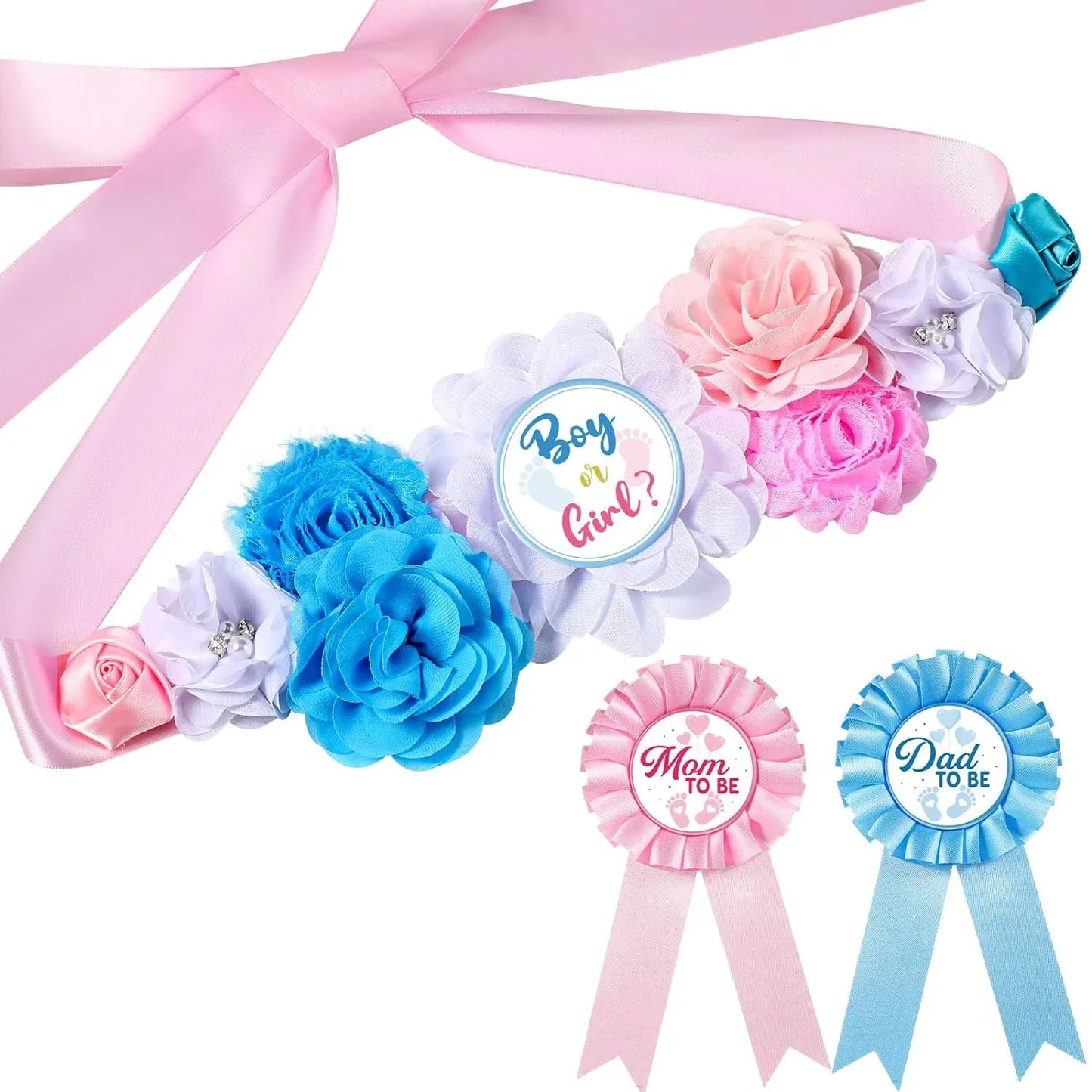 Flower Maternity Sash Set – Baby Shower Mom & Dad Corsage Pin