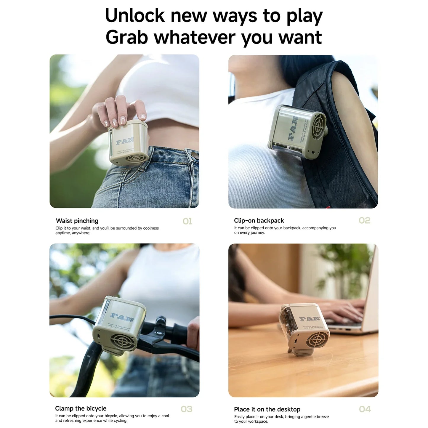 Wearable Waist Fan 100 Speeds 1800mAh Battery LED Light