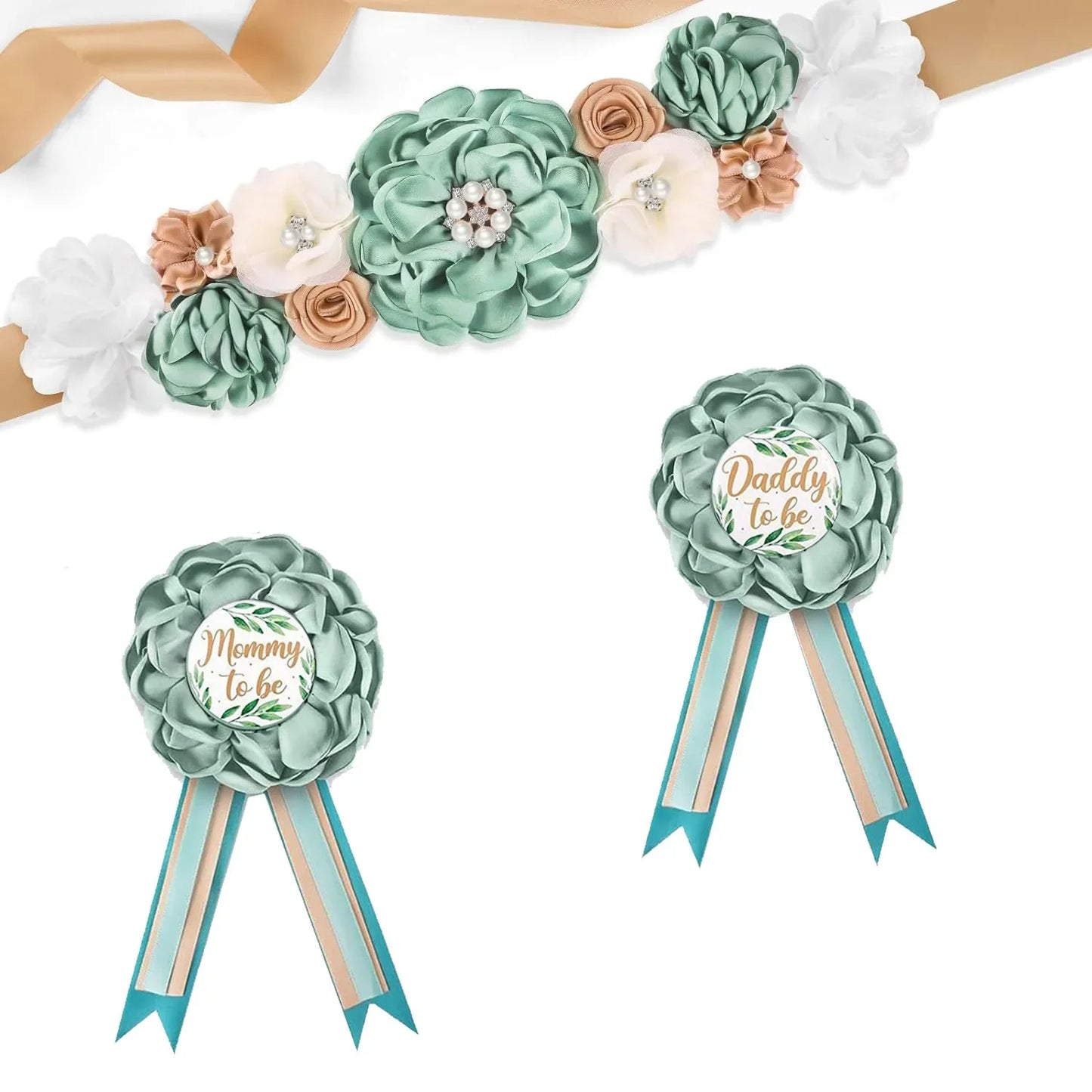Flower Sash Set-Baby Shower Mom to Be Daddy to Be Corsage Pin- Belt for Maternity Dress Photo Props حزام Пояс Cinturón Ceinture Peaceful Pleasures Health and Wellness colors 14