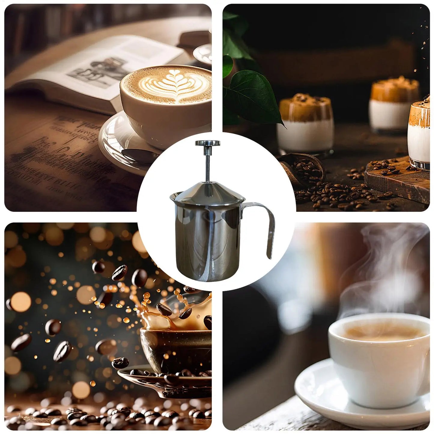 Manual Stainless Steel Milk Frother – Large Capacity Foam Pitcher