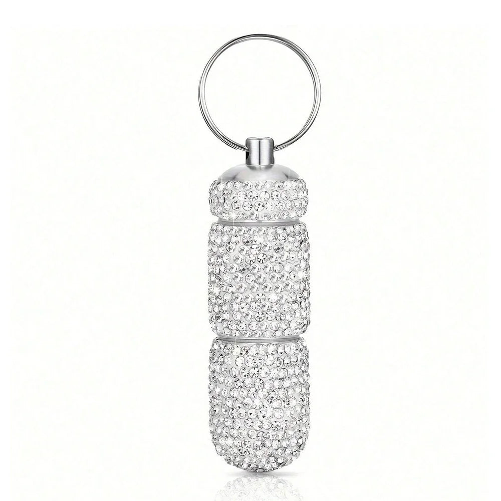 Bling Keychain Pill Box 2 Compartments Small Travel Pill Case Organizer Crystal Diamond Medicine Bottle Pill Bottle Keychain Peaceful Pleasures Health and Wellness Silver
