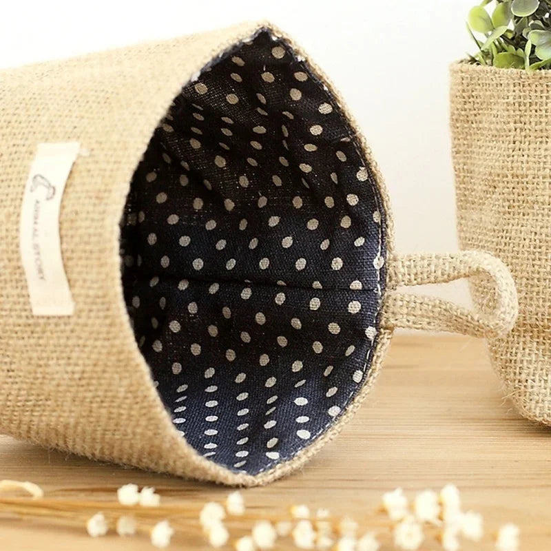 Desktop Jute Storage Bag Cotton Linen Basket Sundries Box Handle