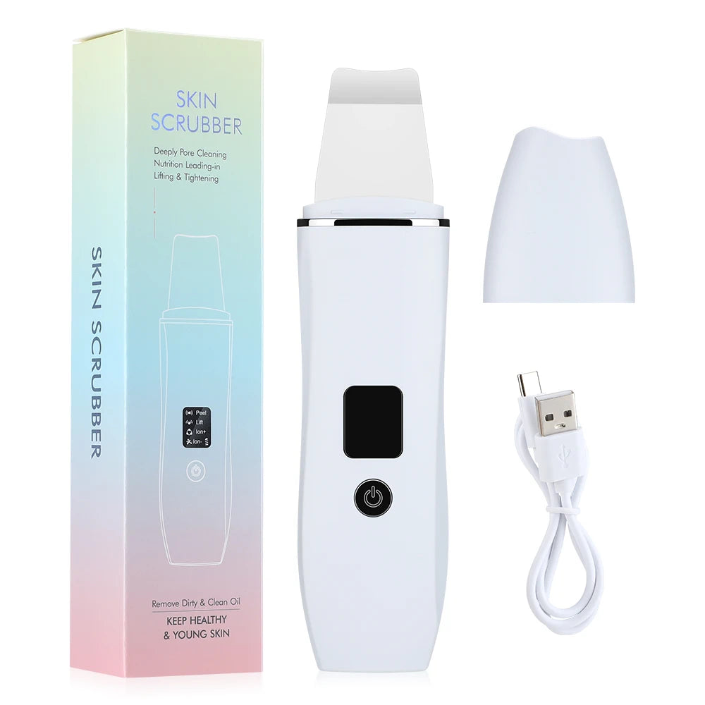 Ultrasonic Skin Scrubber Electric Facial Cleansing Pore Deep Cleanser Acne Blackhead Remover Peeling Shovel Lifting Skin Care Peaceful Pleasures Health and Wellness WHITE