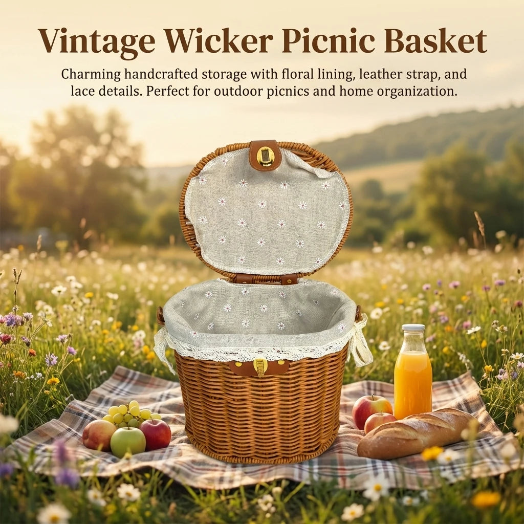 Vintage Country Style Picnic Basket with Belt Buckle Decoration for Outdoor Use Peaceful Pleasures Health and Wellness