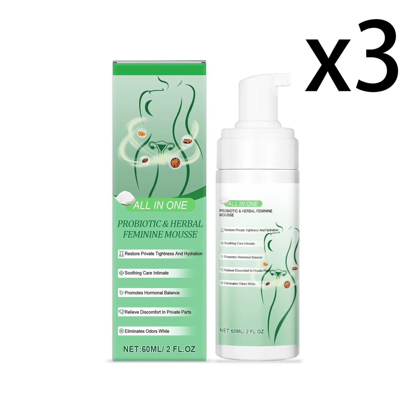 Herbal Women's Private Part Care Mousse Gentle Cleaning Remove Odor Relieve Local Discomfort Deep Protect Sensitive Areas Gel Peaceful Pleasures Health and Wellness 3x60ml