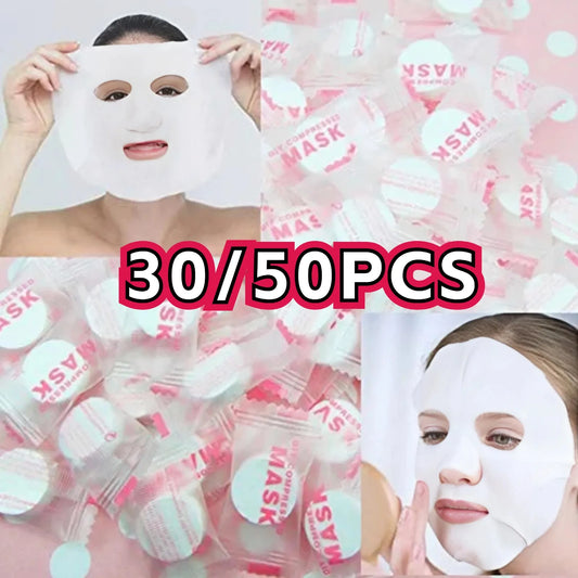 30/50pcs Disposable Compressed Facial Mask Portable Travel Non-woven Face Mask Skin Care Cotton Wrapped Masks Paper Peaceful Pleasures Health and Wellness