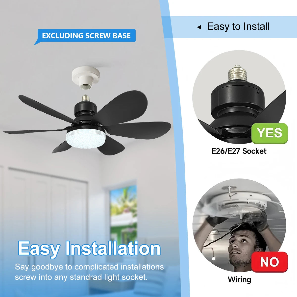 E27 Socket Ceiling Fan with LED Light & Remote Control