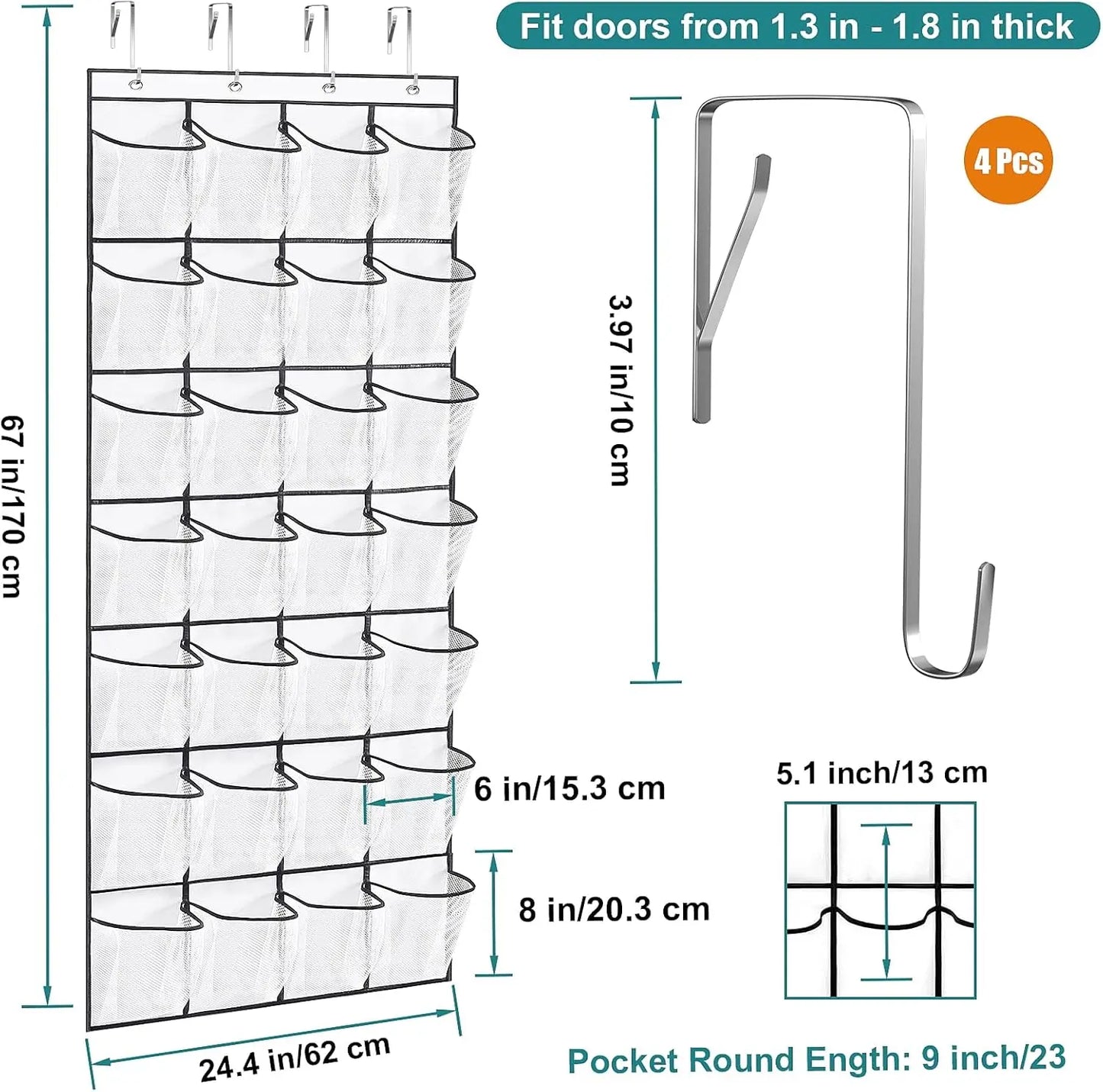 Over-the-door shoe organizer with measurements and a hook on a white background