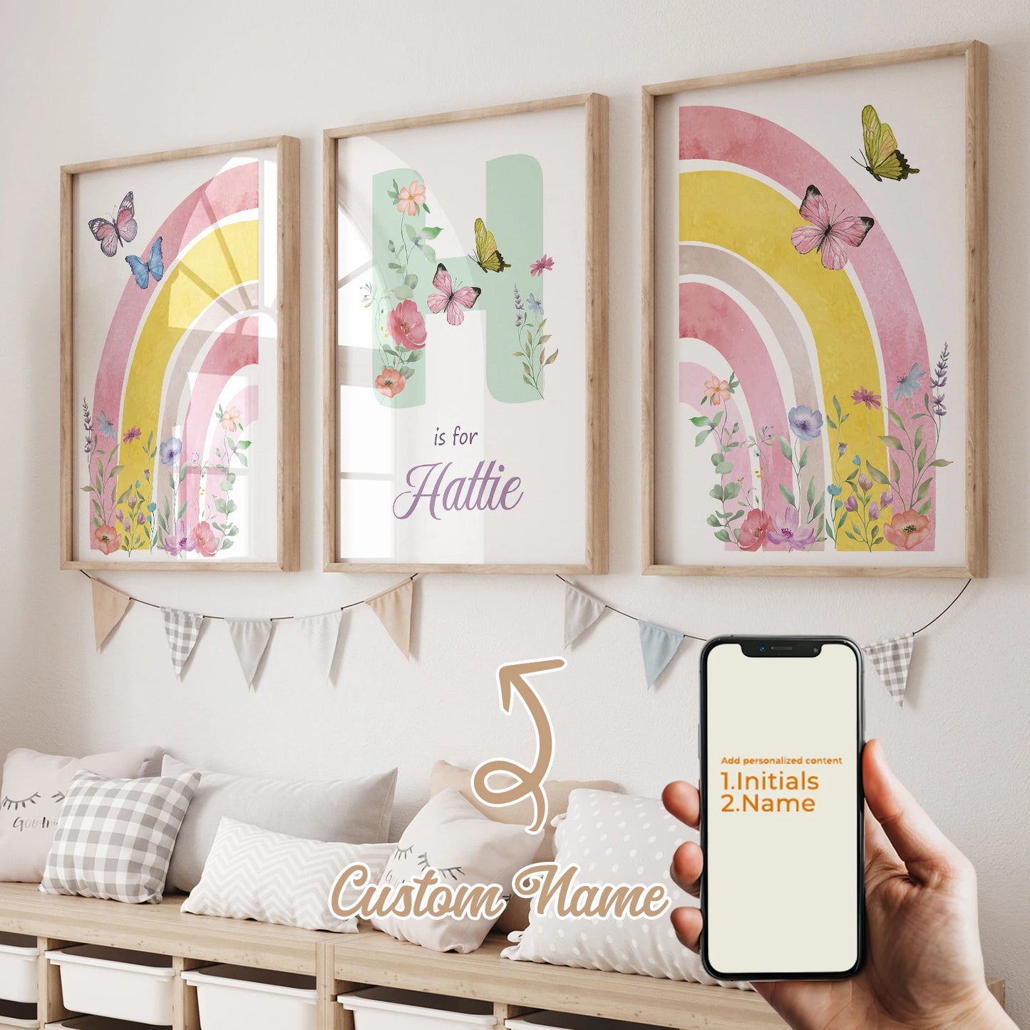 3-Piece Personalized Butterfly Rainbow Canvas Wall Art | Kids Room