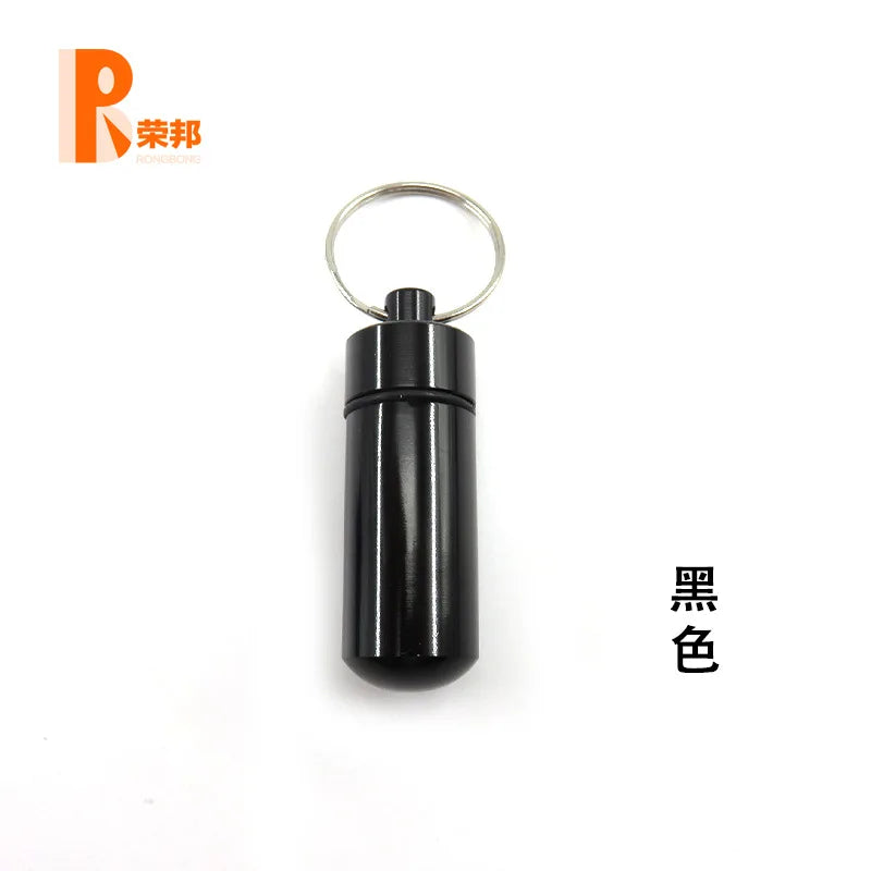 Aluminum Waterproof Pill Box Cases with Sealed Storage, Flat Head, Round Alloy Cartridge and Keychain for Vitamin Fish Oils Peaceful Pleasures Health and Wellness black