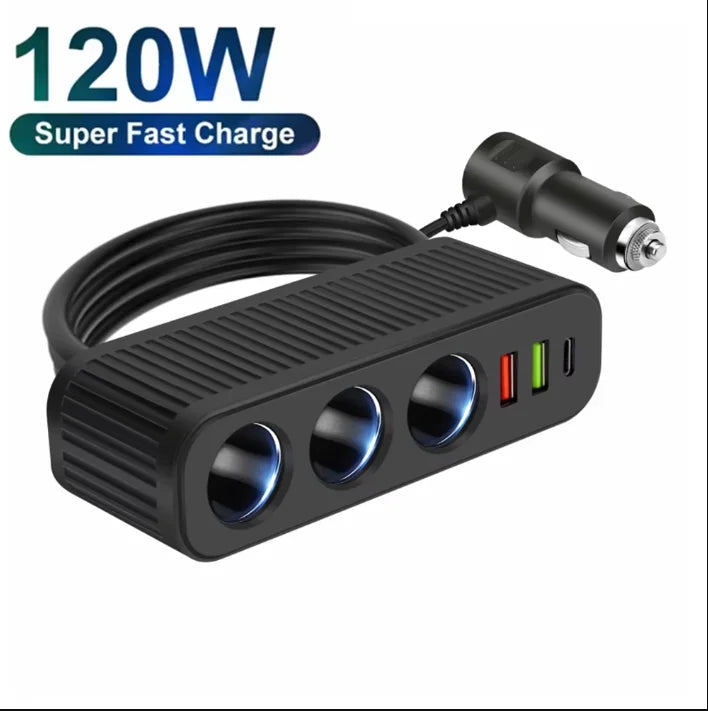 120W 6-in-1 Car Charger Splitter – QC3.0 & PD Fast Charging